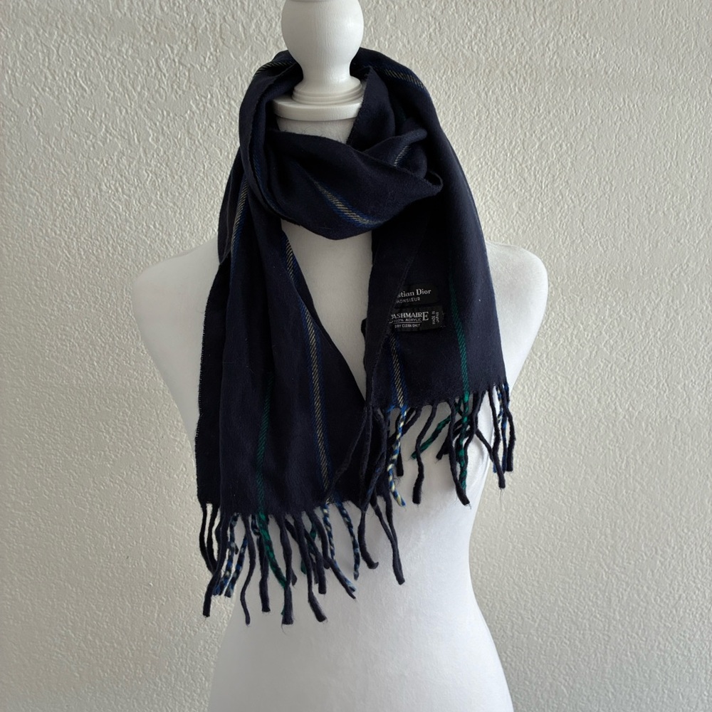 Christian Dior Vintage Dark Blue Plaid Scarf with Fringe - Picture 4 of 7